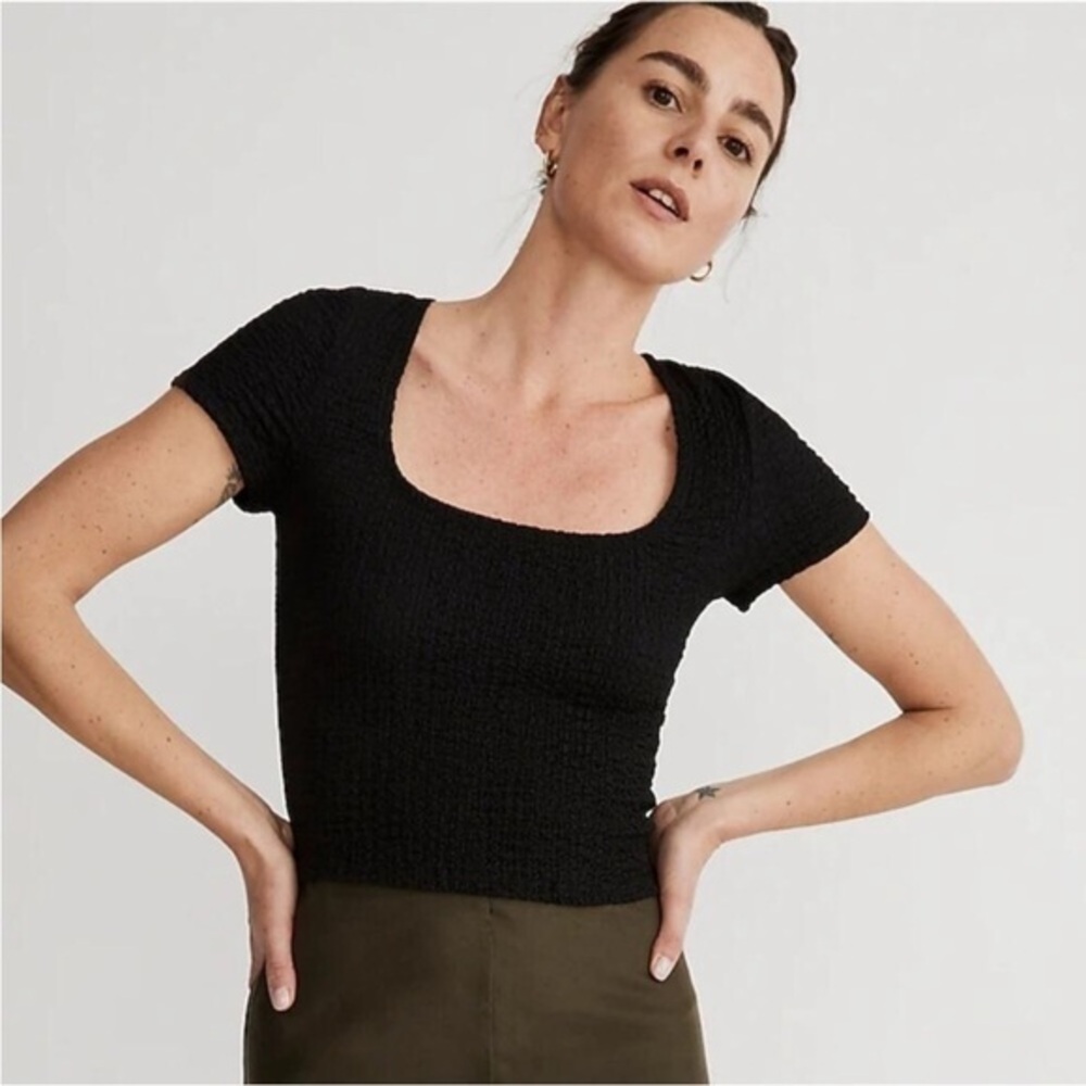 Madewell Black Smocked Short Sleeve Square Neck Crop Top